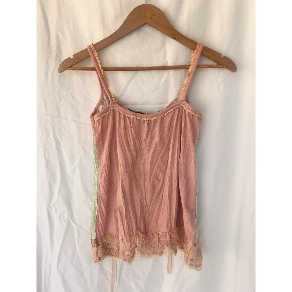 VTG Fairy Grunge Patchwork Lace Corset Cami Tank Top Pink Green Ribbon Floral XS - Picture 5 of 6